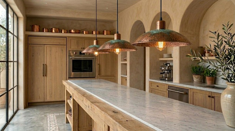 Handmade Brass Moroccan Pendant Light – Copper Hammered Brass Dome Hanging Lamp with Verdigris Green Patina Accent, Rustic Kitchen Island Ceiling Fixture
