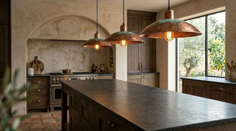Handmade Brass Moroccan Pendant Light – Copper Hammered Brass Dome Hanging Lamp with Verdigris Green Patina Accent, Rustic Kitchen Island Ceiling Fixture