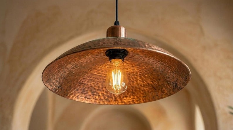 Handmade Brass Moroccan Pendant Light – Copper Hammered Brass Dome Hanging Lamp with Verdigris Green Patina Accent, Rustic Kitchen Island Ceiling Fixture