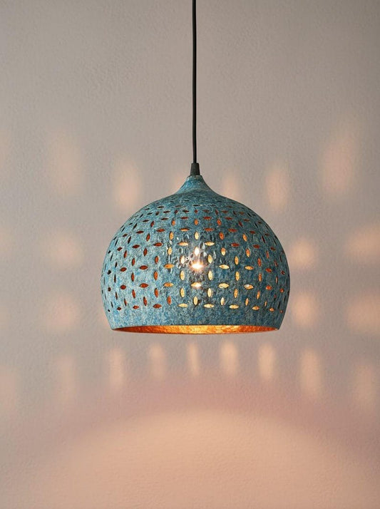 Handmade Blue Patina Brass Pendant Light – Moroccan Pierced Dome Hanging Lamp for Dining Room, Kitchen Island, Entryway & Bohemian Home Decor