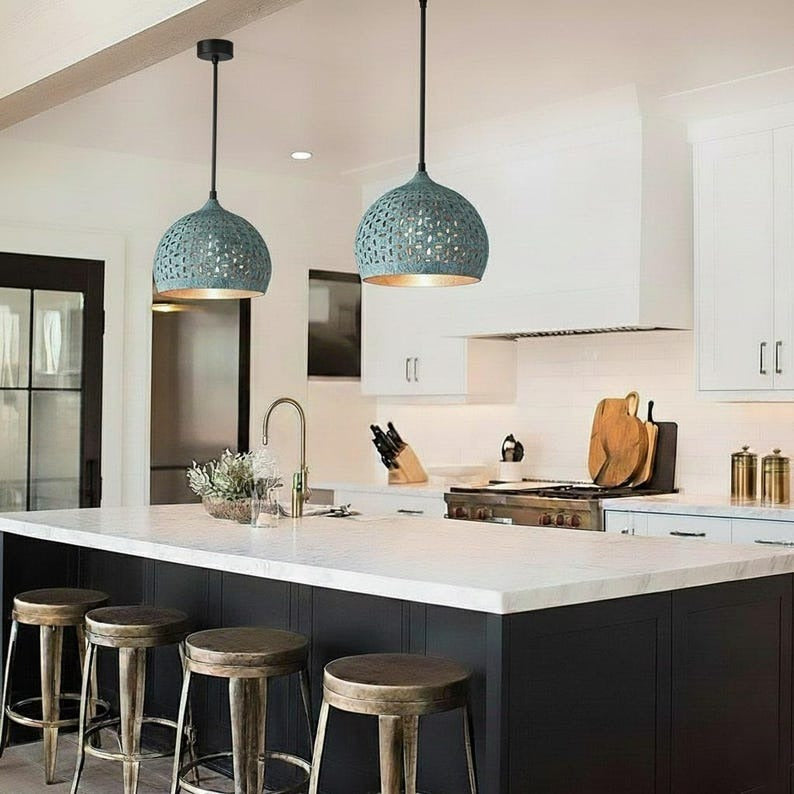 Handmade Blue Patina Brass Pendant Light – Moroccan Pierced Dome Hanging Lamp for Dining Room, Kitchen Island, Entryway & Bohemian Home Decor