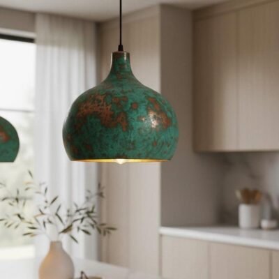 Green Patina Copper Pendant Light, Handmade Moroccan Dome Ceiling Lamp, Rustic Kitchen Island Chandelier with Vintage Verdigris Finish