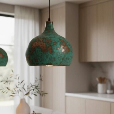 Green Patina Copper Pendant Light, Handmade Moroccan Dome Ceiling Lamp, Rustic Kitchen Island Chandelier with Vintage Verdigris Finish