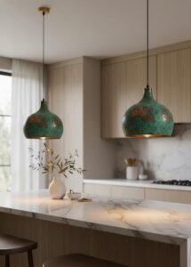 Green Patina Copper Pendant Light, Handmade Moroccan Dome Ceiling Lamp, Rustic Kitchen Island Chandelier with Vintage Verdigris Finish
