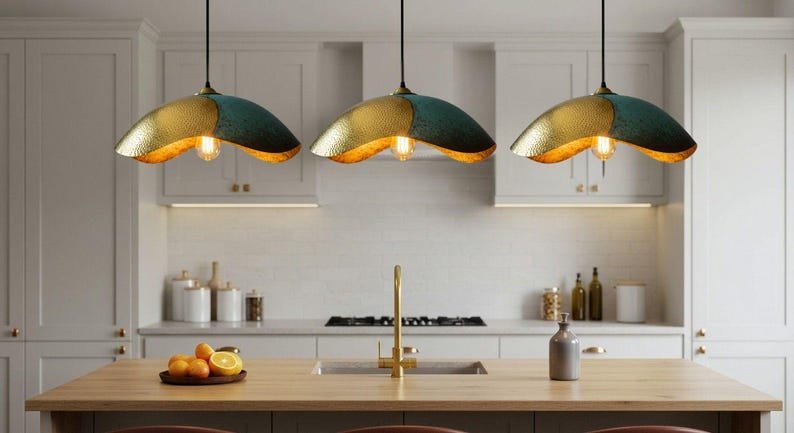 Two-Tone Green Patina Brass Pendant Light, Handmade Moroccan Wavy Saucer Chandelier, Hammered Brass and Verdigris Kitchen Island Hanging Lamp, Boho Rustic Ceiling Light Fixture