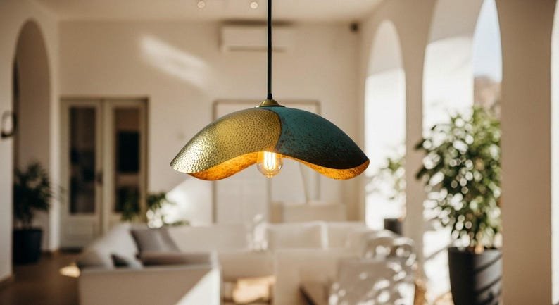 Two-Tone Green Patina Brass Pendant Light, Handmade Moroccan Wavy Saucer Chandelier, Hammered Brass and Verdigris Kitchen Island Hanging Lamp, Boho Rustic Ceiling Light Fixture