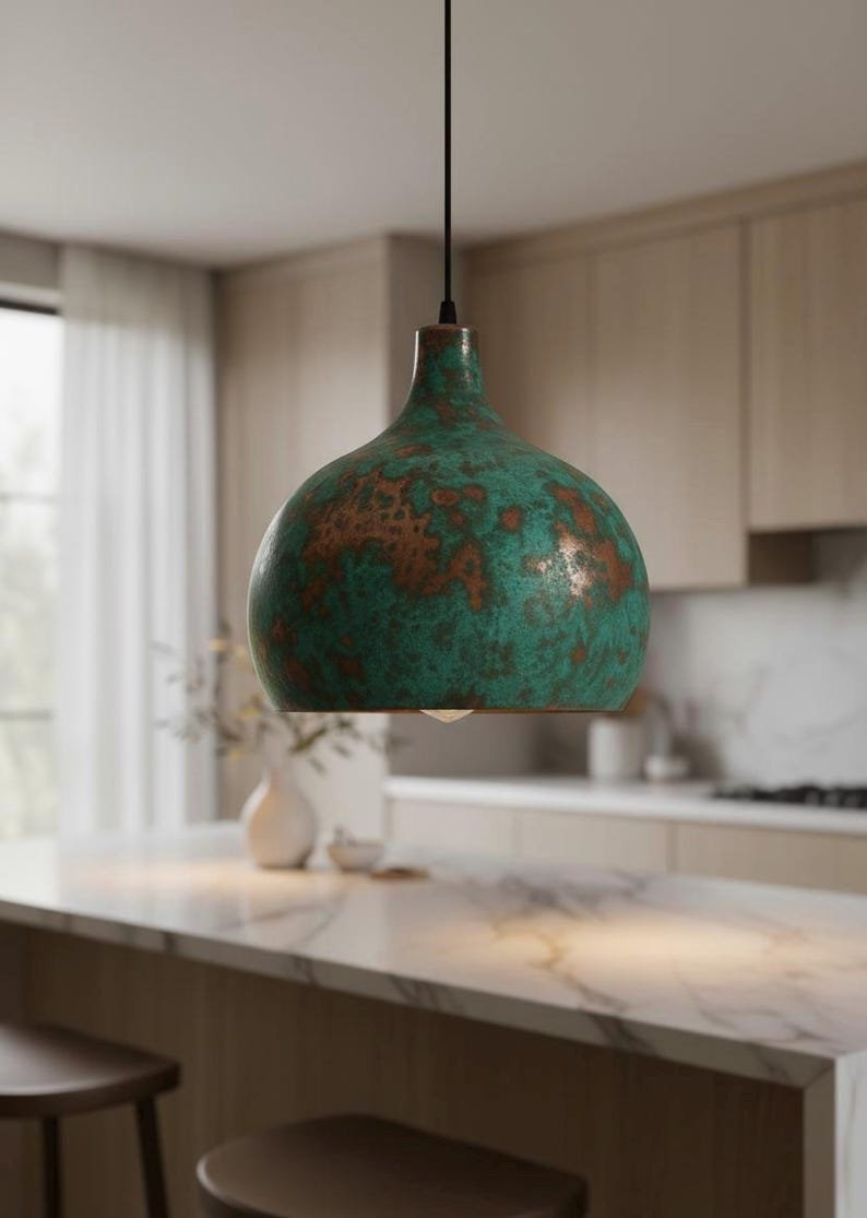 Green Patina Copper Pendant Light, Handmade Moroccan Dome Ceiling Lamp, Rustic Kitchen Island Chandelier with Vintage Verdigris Finish