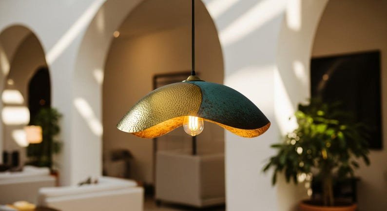 Two-Tone Green Patina Brass Pendant Light, Handmade Moroccan Wavy Saucer Chandelier, Hammered Brass and Verdigris Kitchen Island Hanging Lamp, Boho Rustic Ceiling Light Fixture