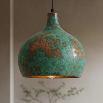 Green Patina Copper Pendant Light, Handmade Moroccan Dome Ceiling Lamp, Rustic Kitchen Island Chandelier with Vintage Verdigris Finish