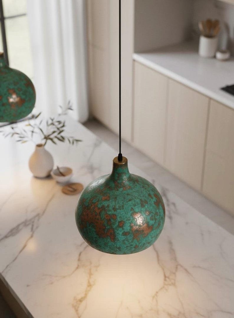 Green Patina Copper Pendant Light, Handmade Moroccan Dome Ceiling Lamp, Rustic Kitchen Island Chandelier with Vintage Verdigris Finish