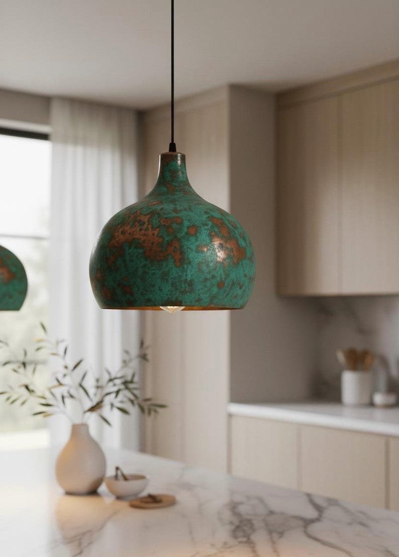 Green Patina Copper Pendant Light, Handmade Moroccan Dome Ceiling Lamp, Rustic Kitchen Island Chandelier with Vintage Verdigris Finish