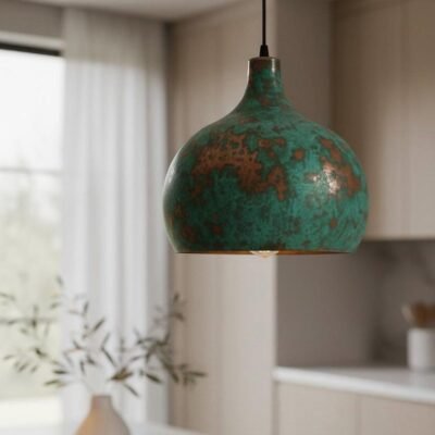 Green Patina Copper Pendant Light, Handmade Moroccan Dome Ceiling Lamp, Rustic Kitchen Island Chandelier with Vintage Verdigris Finish