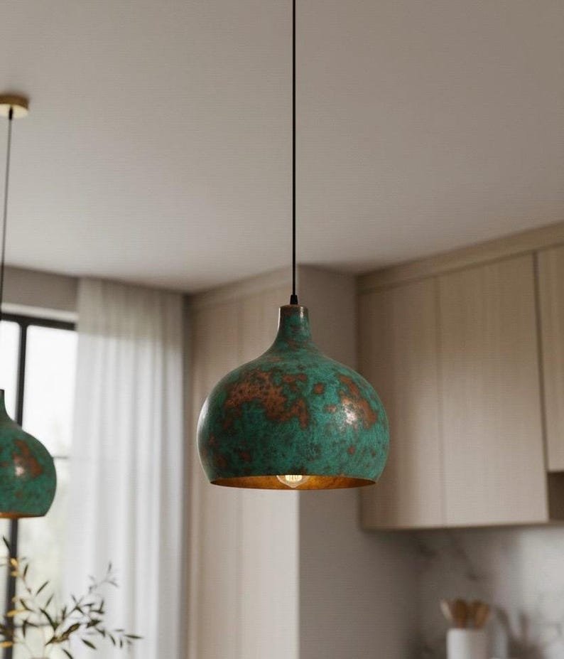 Green Patina Copper Pendant Light, Handmade Moroccan Dome Ceiling Lamp, Rustic Kitchen Island Chandelier with Vintage Verdigris Finish