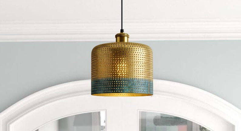 Handmade Perforated Brass Pendant Light – Moroccan Gold & Blue Patina Cylinder Hanging Lamp for Kitchen Island, Dining Room & Boho Home Décor