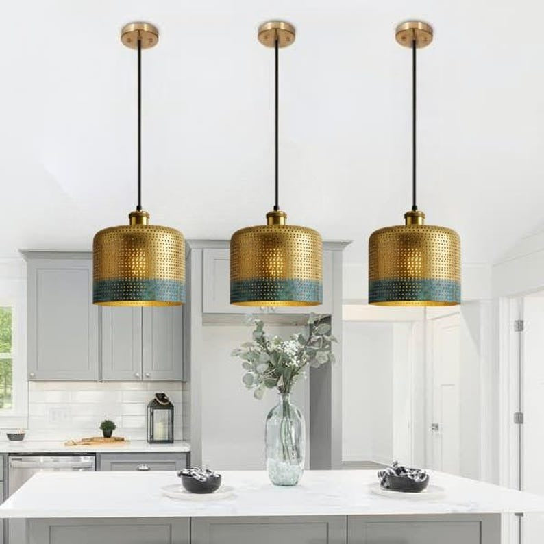 Handmade Perforated Brass Pendant Light – Moroccan Gold & Blue Patina Cylinder Hanging Lamp for Kitchen Island, Dining Room & Boho Home Décor