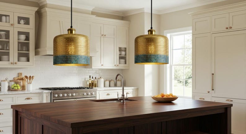 Handmade Perforated Brass Pendant Light – Moroccan Gold & Blue Patina Cylinder Hanging Lamp for Kitchen Island, Dining Room & Boho Home Décor