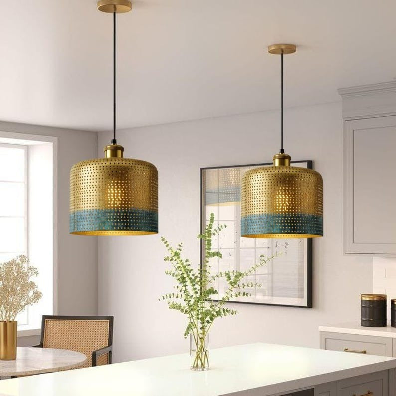 Handmade Perforated Brass Pendant Light – Moroccan Gold & Blue Patina Cylinder Hanging Lamp for Kitchen Island, Dining Room & Boho Home Décor