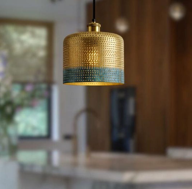 Handmade Perforated Brass Pendant Light – Moroccan Gold & Blue Patina Cylinder Hanging Lamp for Kitchen Island, Dining Room & Boho Home Décor