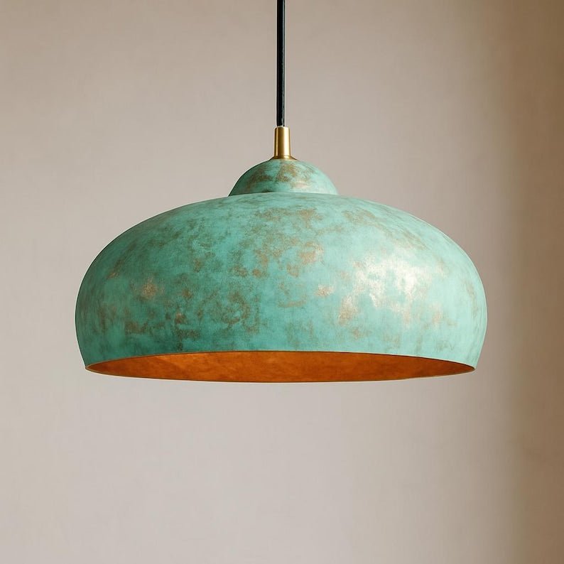 Turquoise Green Patina Copper Saucer Pendant Light, Handmade Moroccan Wide Dome Kitchen Island Chandelier, Verdigris Boho Farmhouse Hanging Ceiling Light Fixture