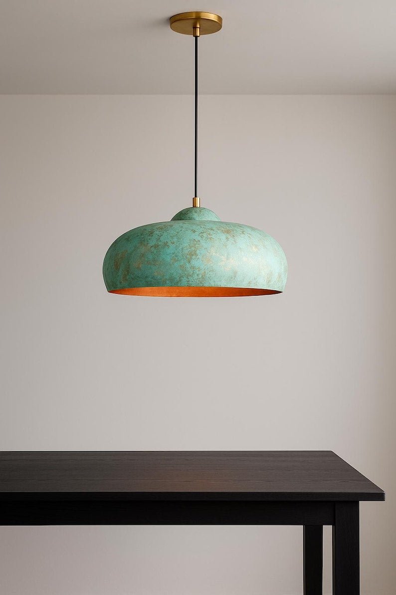 Turquoise Green Patina Copper Saucer Pendant Light, Handmade Moroccan Wide Dome Kitchen Island Chandelier, Verdigris Boho Farmhouse Hanging Ceiling Light Fixture