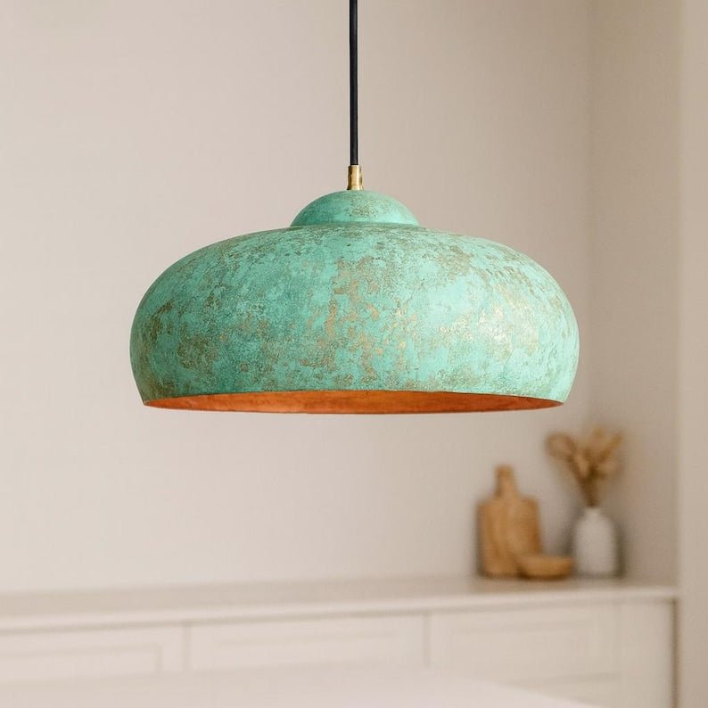 Turquoise Green Patina Copper Saucer Pendant Light, Handmade Moroccan Wide Dome Kitchen Island Chandelier, Verdigris Boho Farmhouse Hanging Ceiling Light Fixture