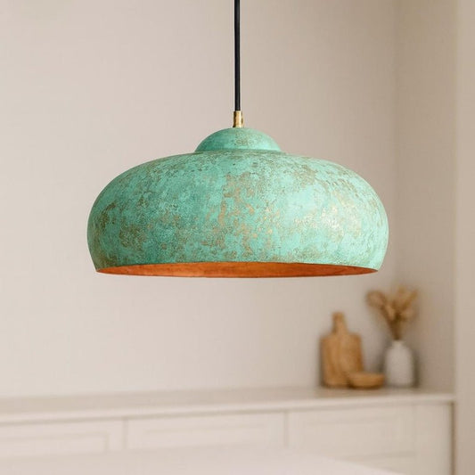 Turquoise Green Patina Copper Saucer Pendant Light, Handmade Moroccan Wide Dome Kitchen Island Chandelier, Verdigris Boho Farmhouse Hanging Ceiling Light Fixture