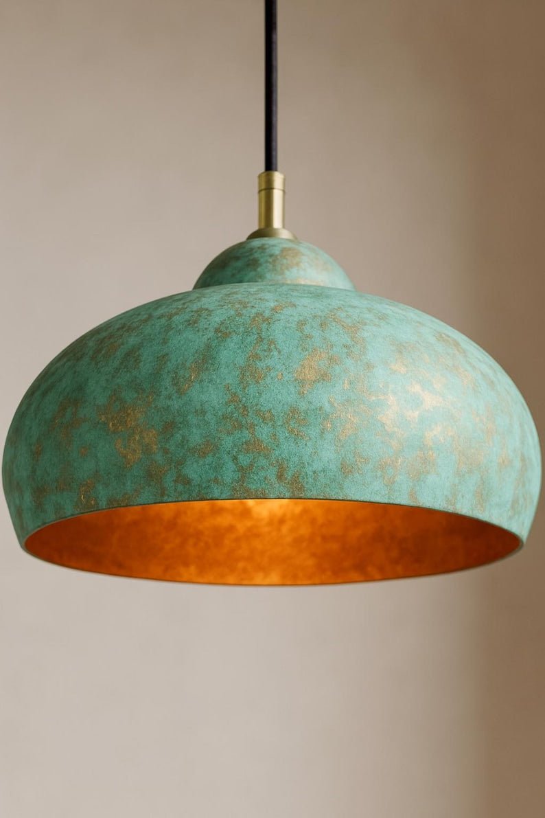 Turquoise Green Patina Copper Saucer Pendant Light, Handmade Moroccan Wide Dome Kitchen Island Chandelier, Verdigris Boho Farmhouse Hanging Ceiling Light Fixture
