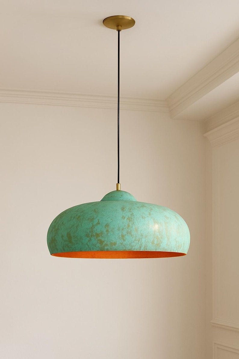 Turquoise Green Patina Copper Saucer Pendant Light, Handmade Moroccan Wide Dome Kitchen Island Chandelier, Verdigris Boho Farmhouse Hanging Ceiling Light Fixture