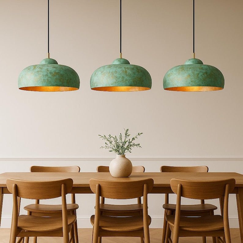 Turquoise Green Patina Copper Saucer Pendant Light, Handmade Moroccan Wide Dome Kitchen Island Chandelier, Verdigris Boho Farmhouse Hanging Ceiling Light Fixture