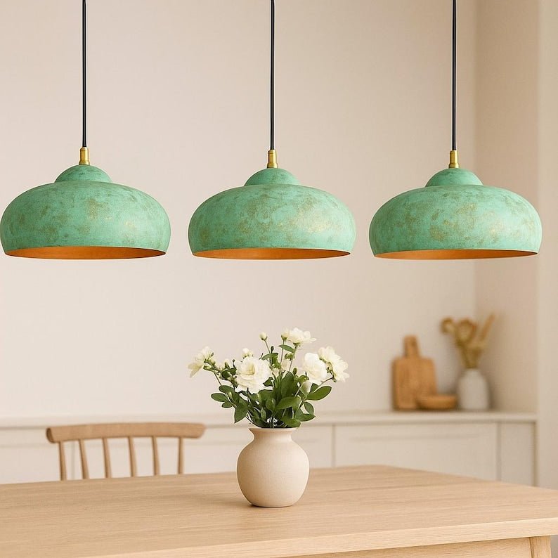 Turquoise Green Patina Copper Saucer Pendant Light, Handmade Moroccan Wide Dome Kitchen Island Chandelier, Verdigris Boho Farmhouse Hanging Ceiling Light Fixture