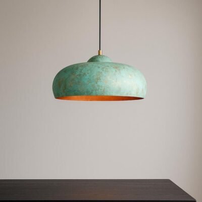 Turquoise Green Patina Copper Saucer Pendant Light, Handmade Moroccan Wide Dome Kitchen Island Chandelier, Verdigris Boho Farmhouse Hanging Ceiling Light Fixture