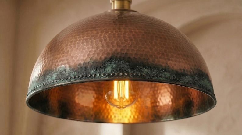 Handmade Brass Moroccan Dome Pendant Light – Copper Hammered Brass Hanging Lamp with Verdigris Green Patina Edge, Rustic Kitchen Island Ceiling Fixture