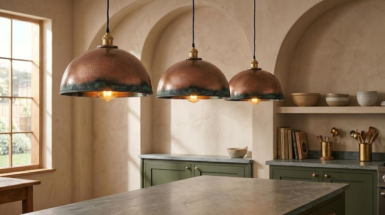 Handmade Brass Moroccan Dome Pendant Light – Copper Hammered Brass Hanging Lamp with Verdigris Green Patina Edge, Rustic Kitchen Island Ceiling Fixture