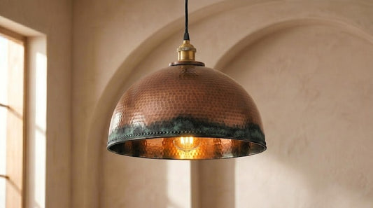 Handmade Brass Moroccan Dome Pendant Light – Copper Hammered Brass Hanging Lamp with Verdigris Green Patina Edge, Rustic Kitchen Island Ceiling Fixture
