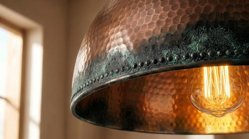 Handmade Brass Moroccan Dome Pendant Light – Copper Hammered Brass Hanging Lamp with Verdigris Green Patina Edge, Rustic Kitchen Island Ceiling Fixture