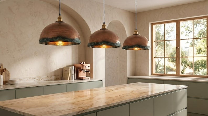 Handmade Brass Moroccan Dome Pendant Light – Copper Hammered Brass Hanging Lamp with Verdigris Green Patina Edge, Rustic Kitchen Island Ceiling Fixture