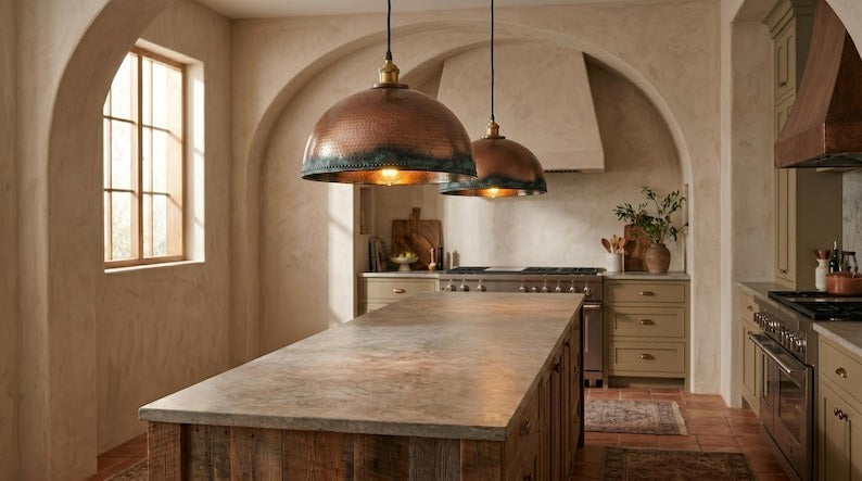 Handmade Brass Moroccan Dome Pendant Light – Copper Hammered Brass Hanging Lamp with Verdigris Green Patina Edge, Rustic Kitchen Island Ceiling Fixture
