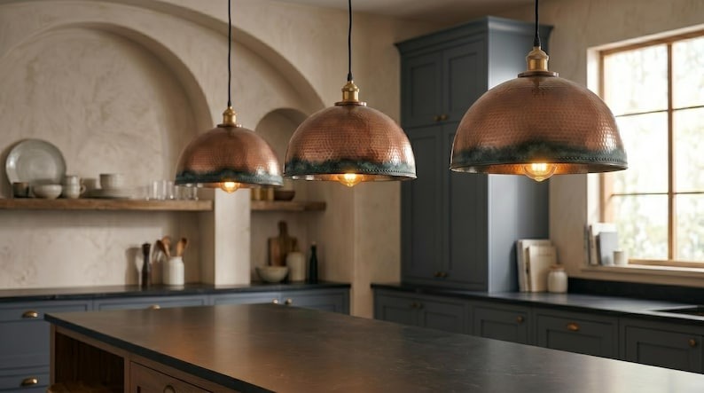 Handmade Brass Moroccan Dome Pendant Light – Copper Hammered Brass Hanging Lamp with Verdigris Green Patina Edge, Rustic Kitchen Island Ceiling Fixture