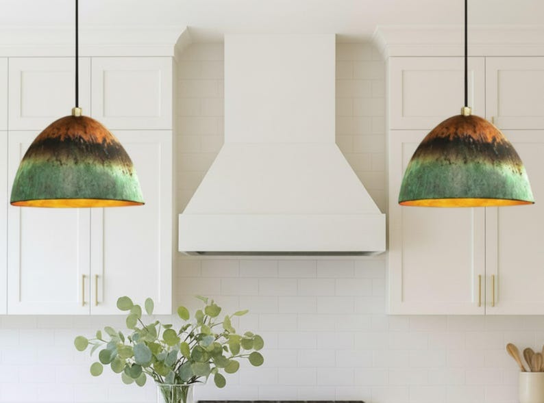 Handmade Brass Pendant Light with Green Patina Finish – Moroccan Dome Hanging Lamp for Living Room, Kitchen Island, Dining Room & Boho Home Decor