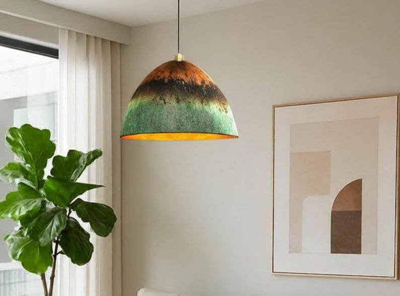 Handmade Brass Pendant Light with Green Patina Finish – Moroccan Dome Hanging Lamp for Living Room, Kitchen Island, Dining Room & Boho Home Decor
