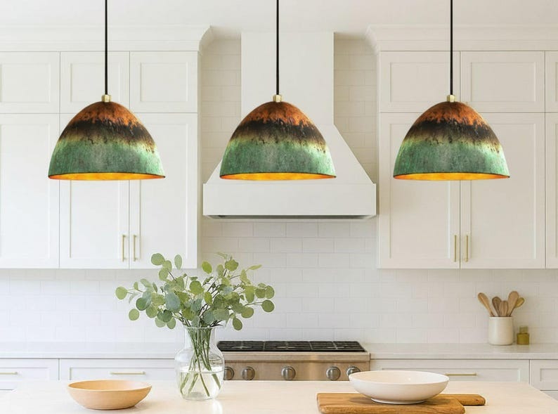 Handmade Brass Pendant Light with Green Patina Finish – Moroccan Dome Hanging Lamp for Living Room, Kitchen Island, Dining Room & Boho Home Decor