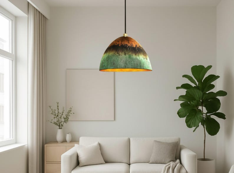 Handmade Brass Pendant Light with Green Patina Finish – Moroccan Dome Hanging Lamp for Living Room, Kitchen Island, Dining Room & Boho Home Decor