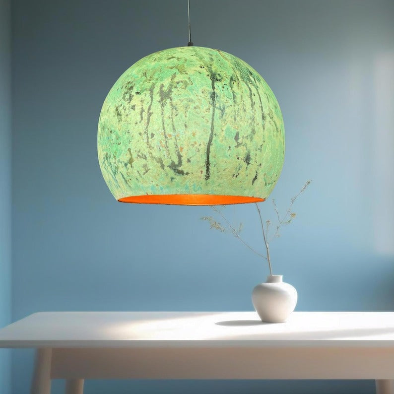 Handmade Moroccan Brass Pendant Light – Distressed Green Verdigris Patina Globe Ceiling Lamp with Copper Interior, Kitchen Island & Dining Room Lighting