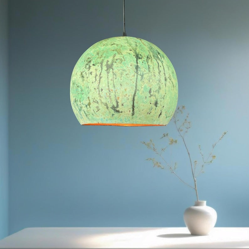 Handmade Moroccan Brass Pendant Light – Distressed Green Verdigris Patina Globe Ceiling Lamp with Copper Interior, Kitchen Island & Dining Room Lighting