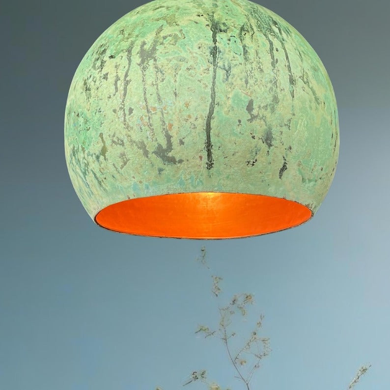 Set of 3 Handmade Moroccan Brass Pendant Lights – Distressed Green Verdigris Patina Globe Ceiling Lamps with Copper Interior, Kitchen Island & Dining Room Lighting