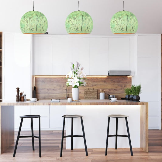 Set of 3 Handmade Moroccan Brass Pendant Lights – Distressed Green Verdigris Patina Globe Ceiling Lamps with Copper Interior, Kitchen Island & Dining Room Lighting