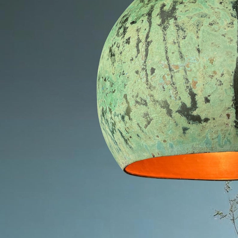 Handmade Moroccan Brass Pendant Light – Distressed Green Verdigris Patina Globe Ceiling Lamp with Copper Interior, Kitchen Island & Dining Room Lighting