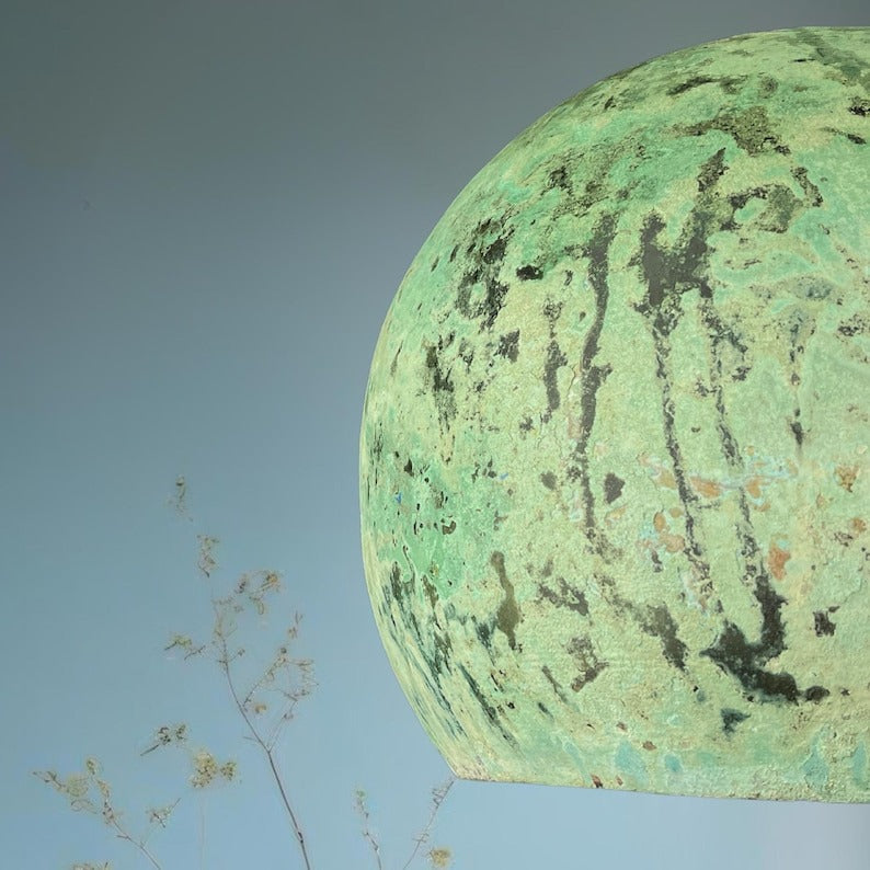 Set of 3 Handmade Moroccan Brass Pendant Lights – Distressed Green Verdigris Patina Globe Ceiling Lamps with Copper Interior, Kitchen Island & Dining Room Lighting
