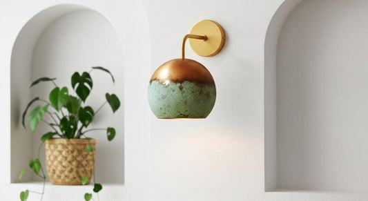Handmade Moroccan Brass Wall Sconce – Turquoise Verdigris Patina Globe Wall Light with Copper Top and Warm Gold Interior, Boho Mediterranean Bedside Lamp for Bedroom, Hallway & Entryway