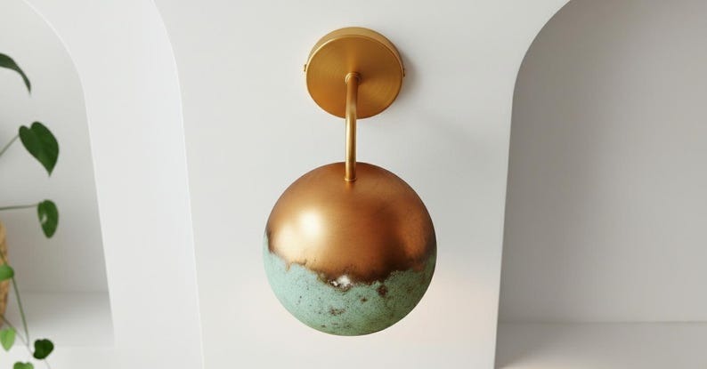 Handmade Moroccan Brass Wall Sconce – Turquoise Verdigris Patina Globe Wall Light with Copper Top and Warm Gold Interior, Boho Mediterranean Bedside Lamp for Bedroom, Hallway & Entryway